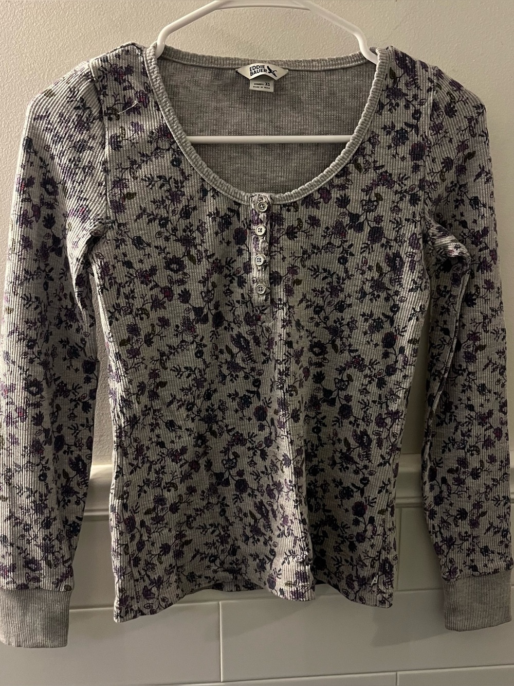 Eddie Bauer Gray & Floral Long Sleeve Waffle Shirt
